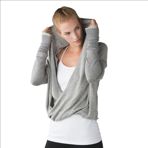 LULULEMON Wrap Twist Sweater Grey with stripes long knit cuffed slv Sz 4(XS-S)